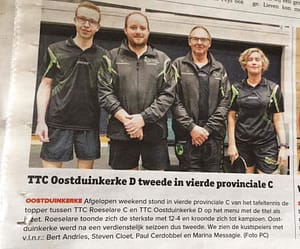 TTC Oostduinkerke Krantenartikel D ploeg april 2017